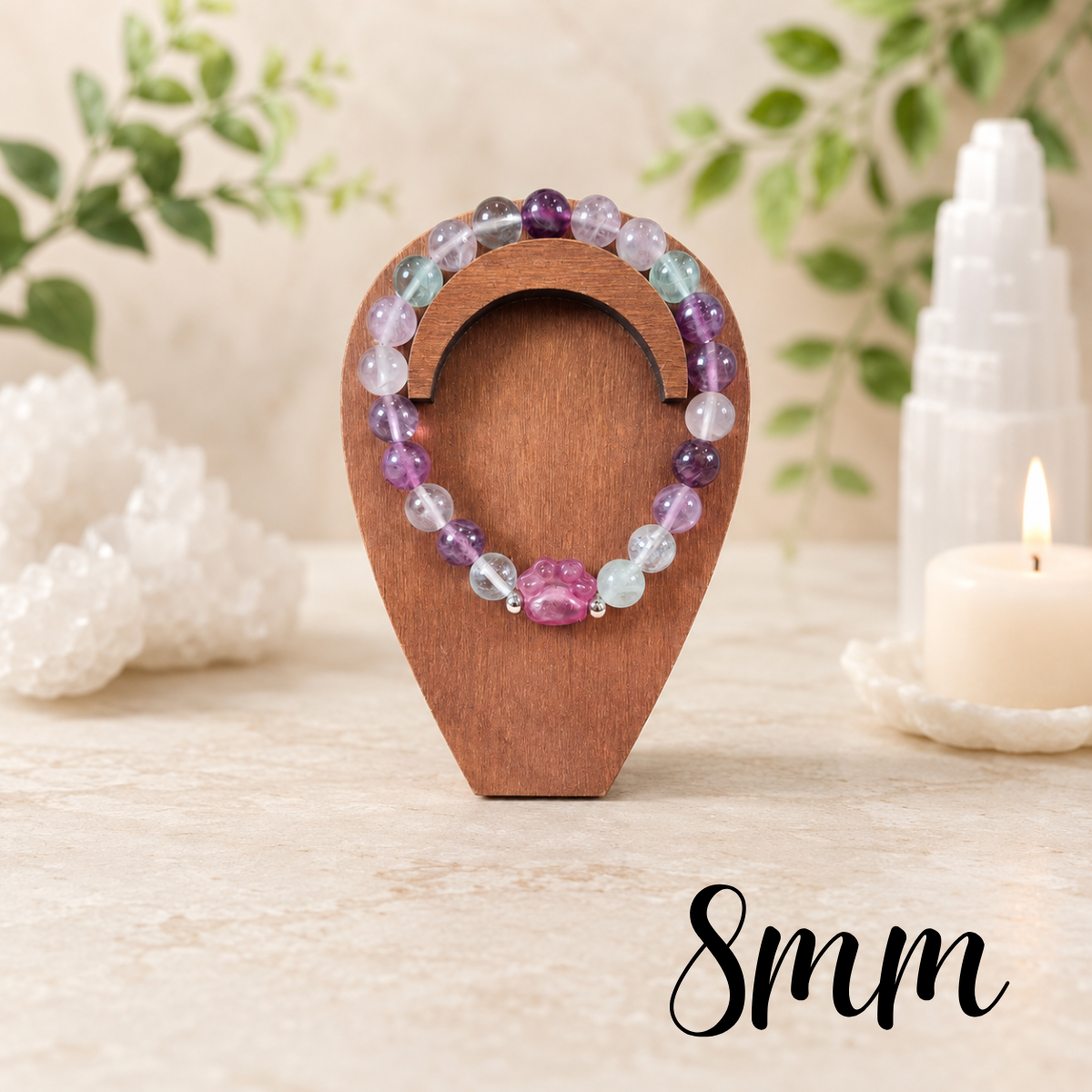8mm Fluorite Purple Paw Charm Gemstone Bracelet