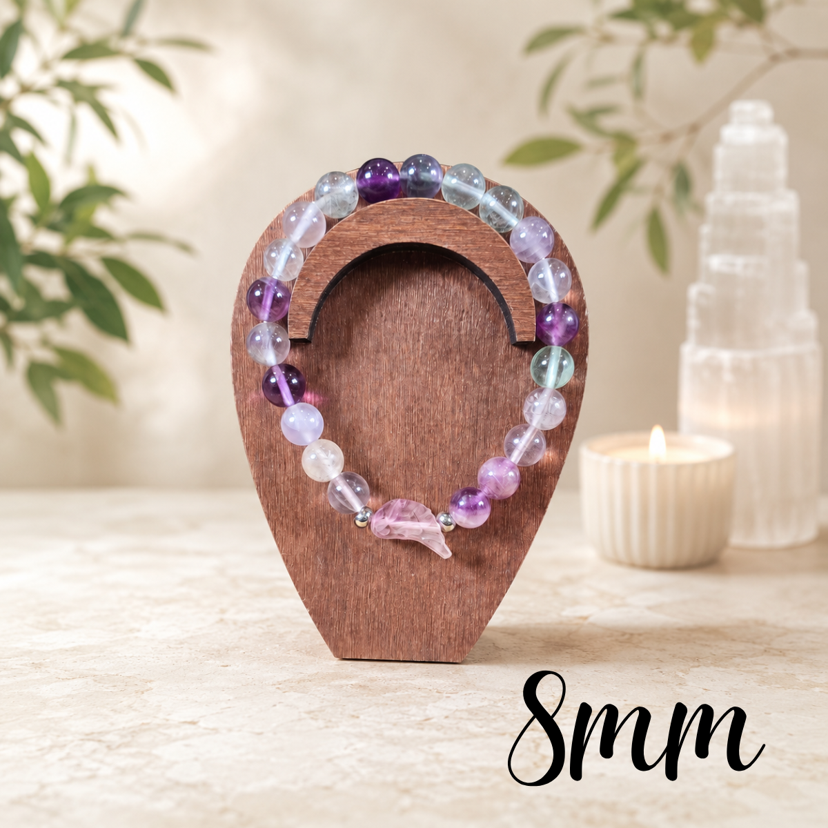 8mm Fluorite Angel Wing Charm Gemstone Bracelet