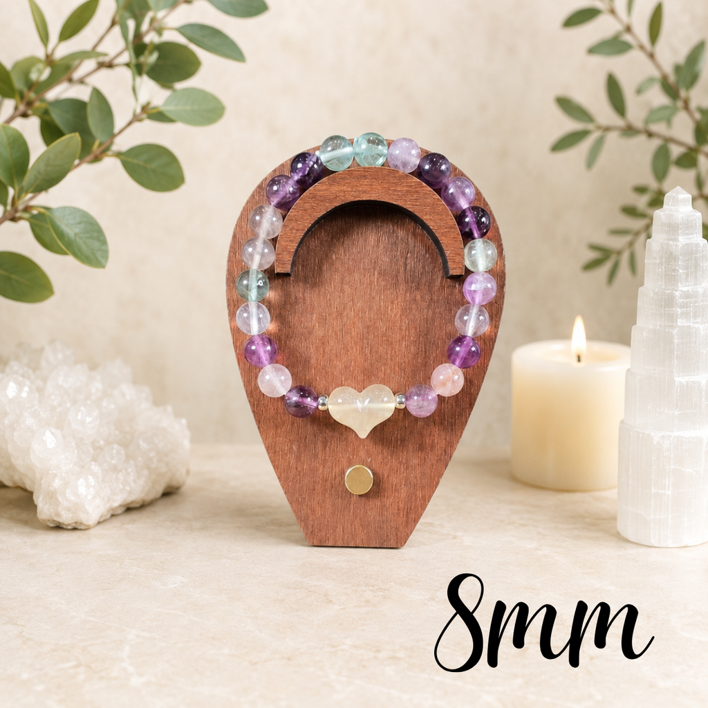 8mm Fluorite Puffy Heart Charm Gemstone Bracelet