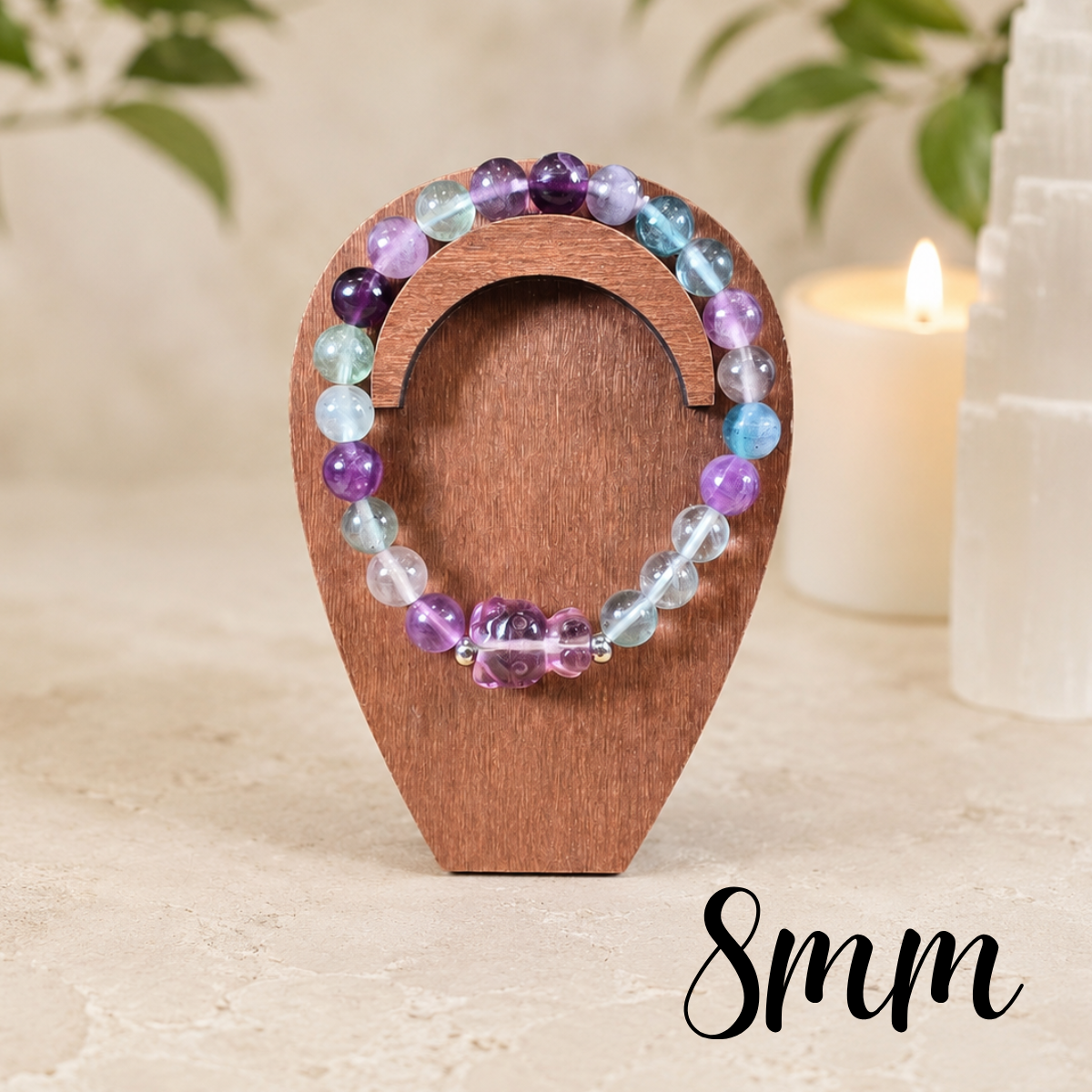 8mm Fluorite Hello Kitty Charm Gemstone Bracelet