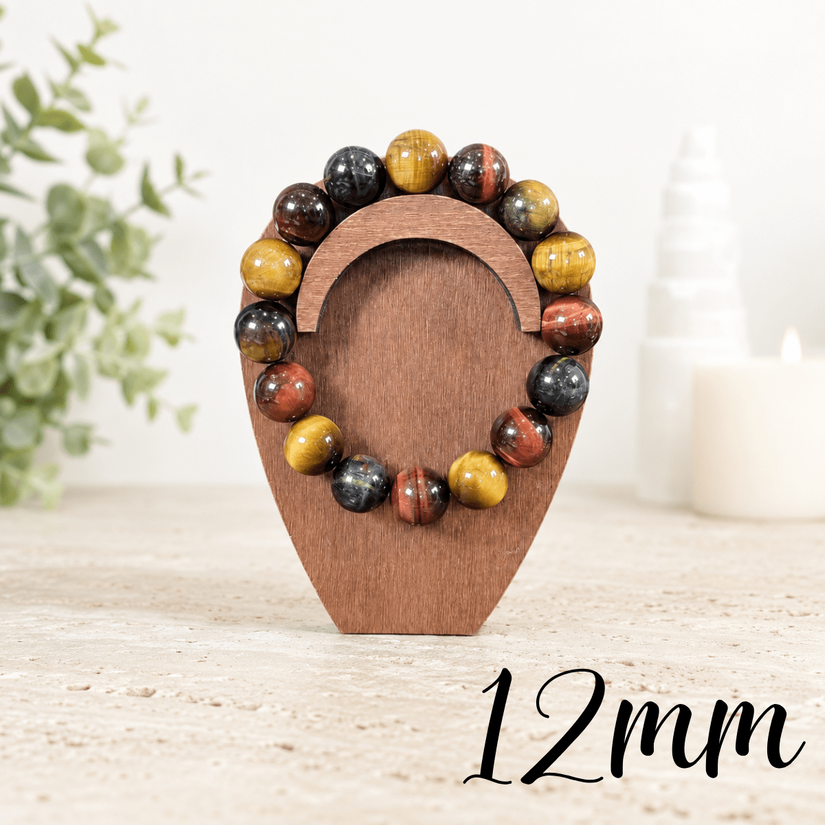 12mm Tiger Eye Mix Gemstone Bracelet (Golden, Red & Blue)