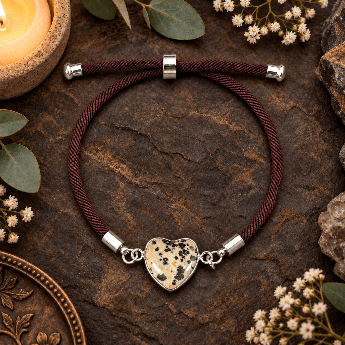 Adjustable Dalmatian Jasper Heart Bracelet / Silver