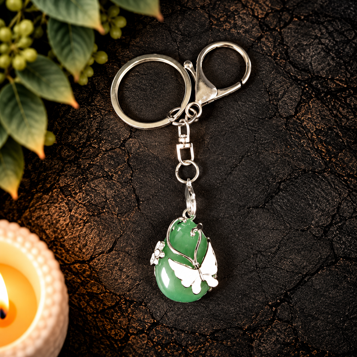 Aventurine Butterfly Teardrop Gemstone Keyring