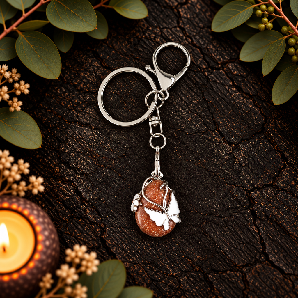 Goldstone Butterfly Teardrop Gemstone Keyring