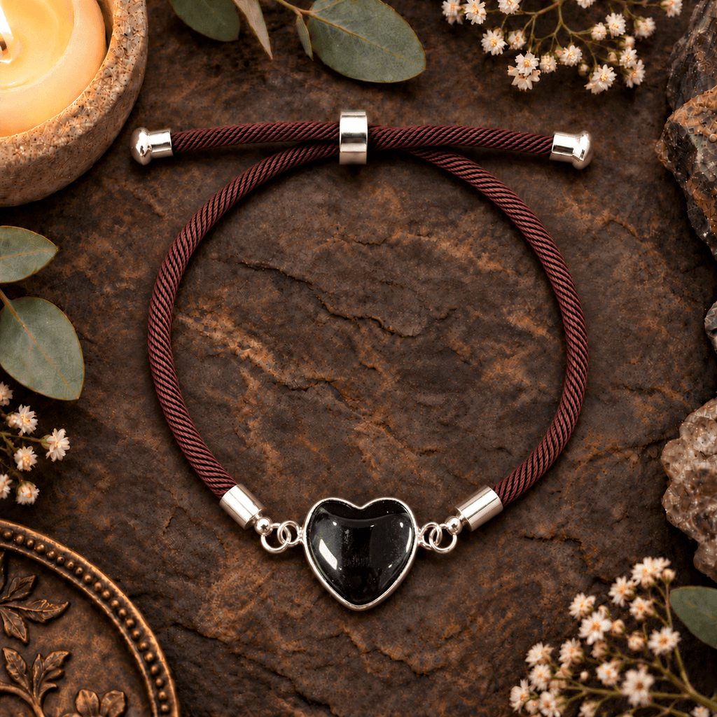 Adjustable Black Obsidian Heart Bracelet / Silver