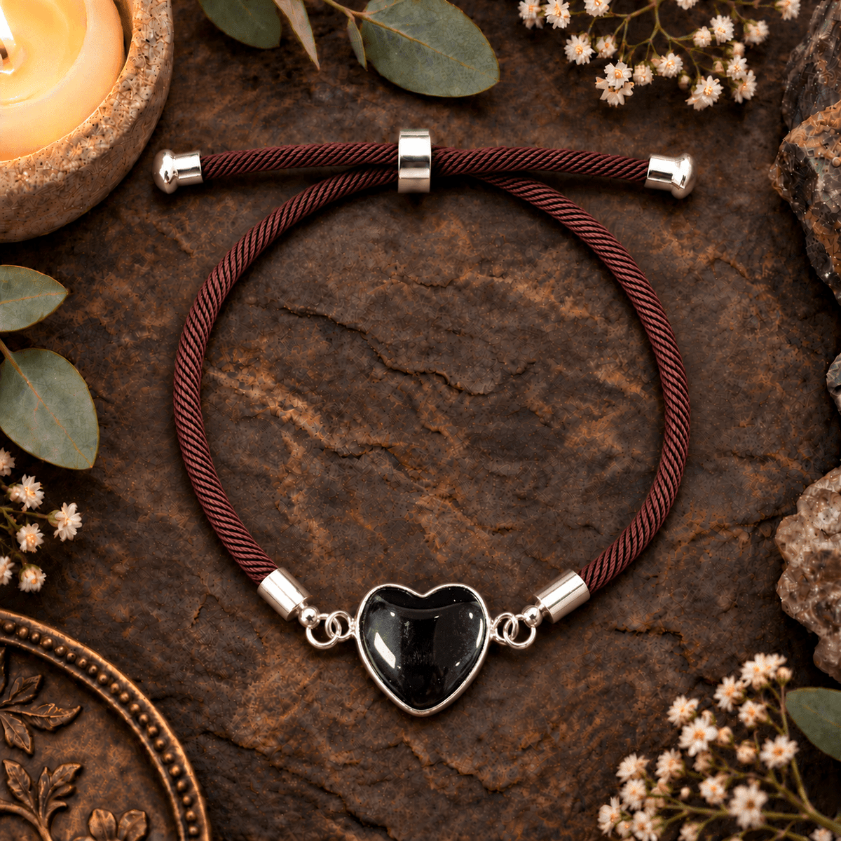 Adjustable Black Obsidian Heart Bracelet / Silver