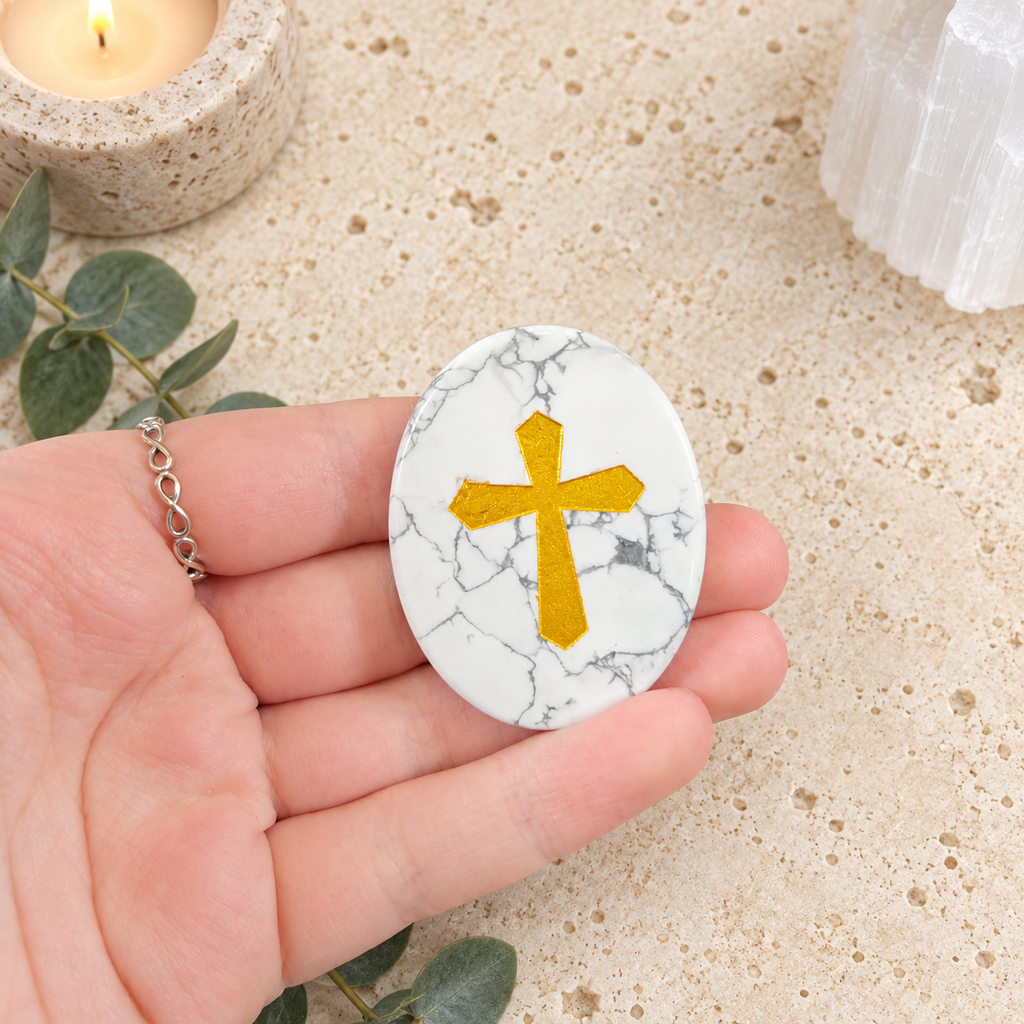 Gold Cross on White Howlite Palm
