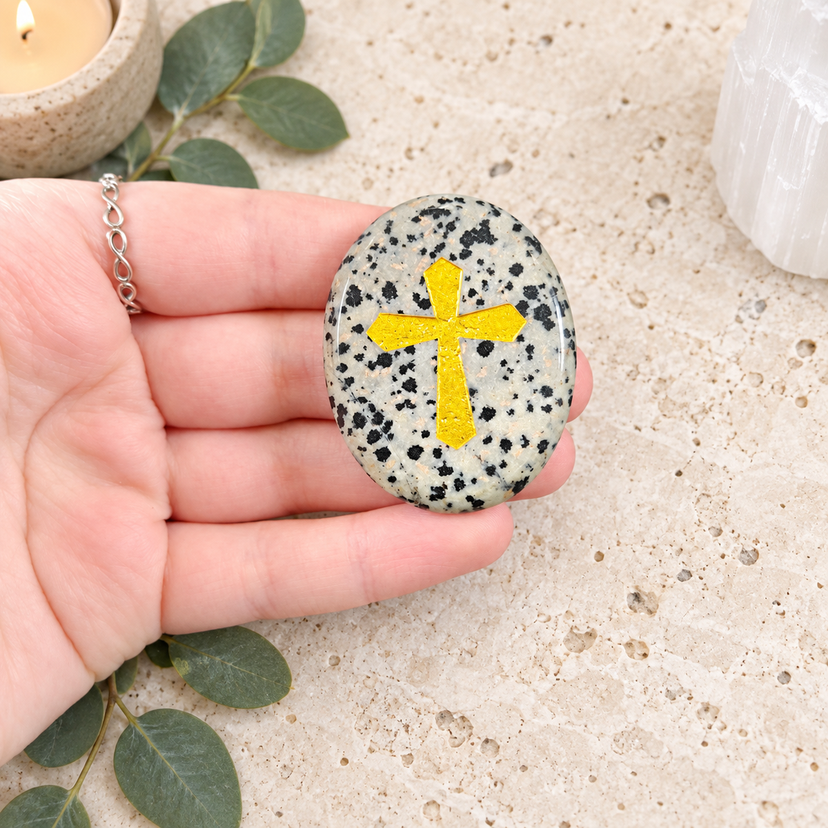 Gold Cross on Dalmatian Jasper Palm