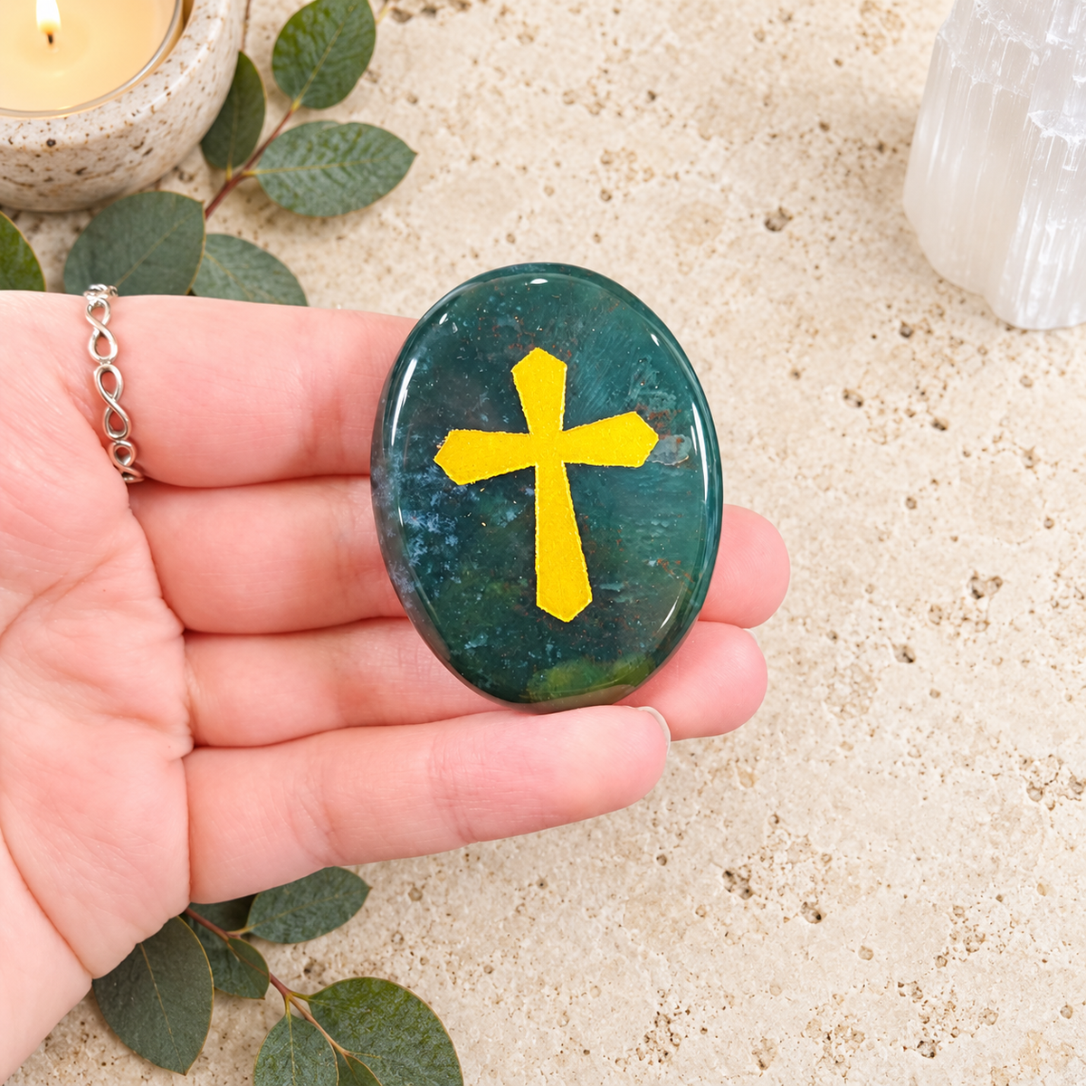 Gold Cross on Ocean Jasper Palm