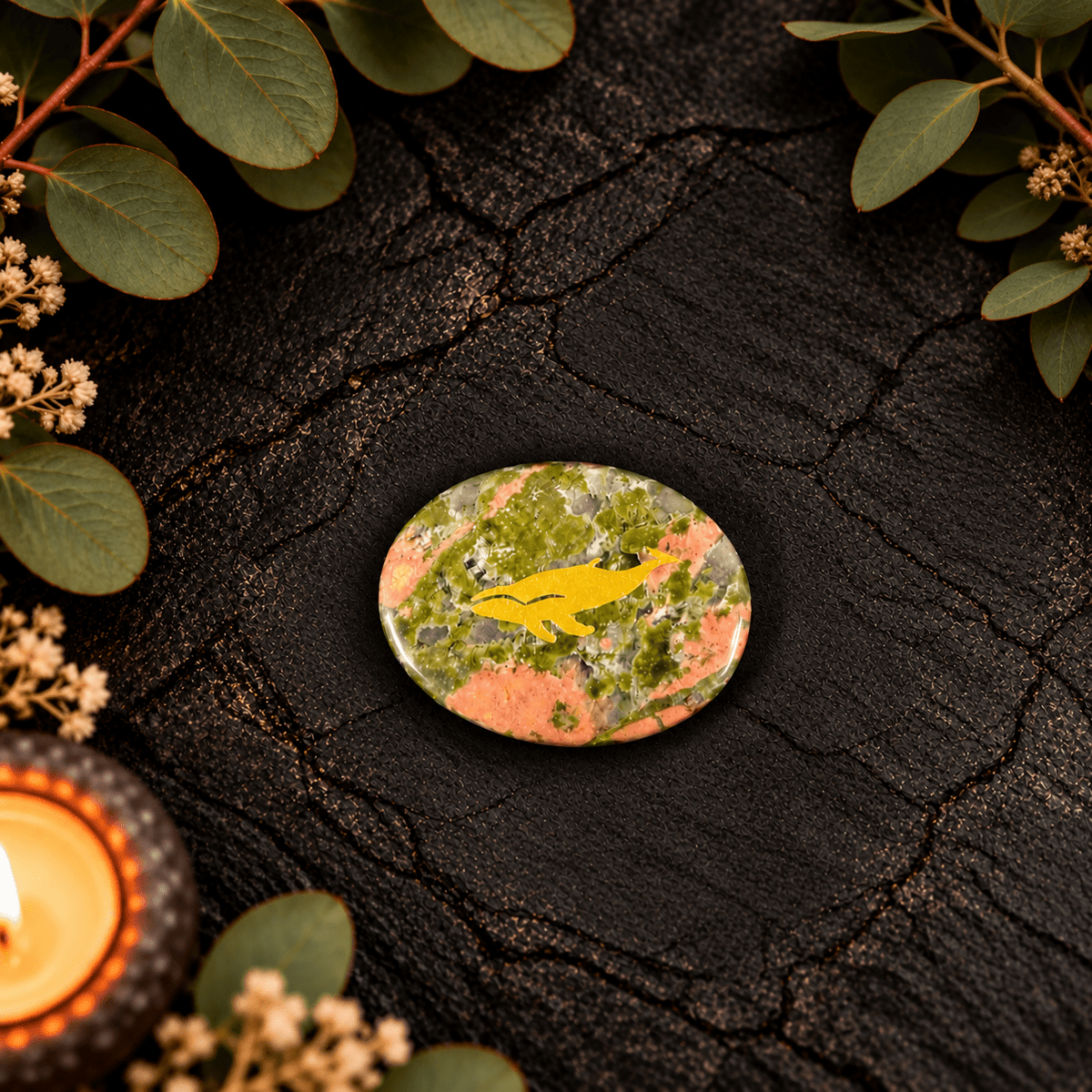 Gold Whale on Unakite Palm