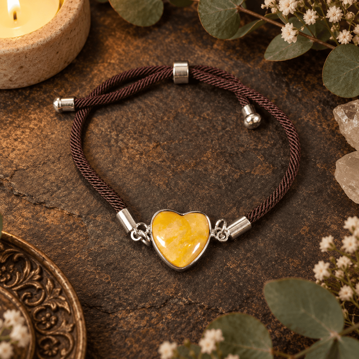 Adjustable Yellow Aventurine Heart Bracelet / Silver