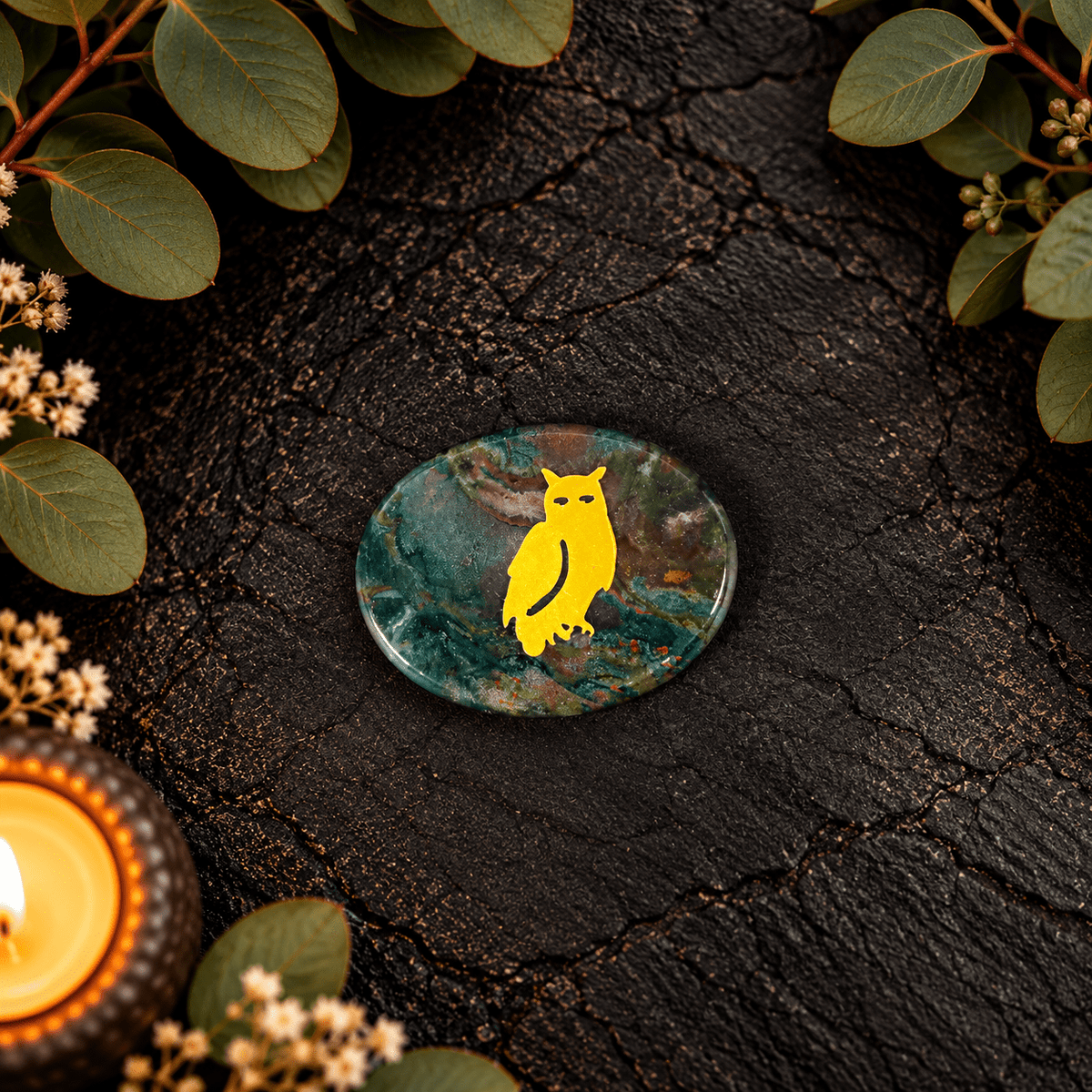 Gold Owl on Ocean Jasper Palm