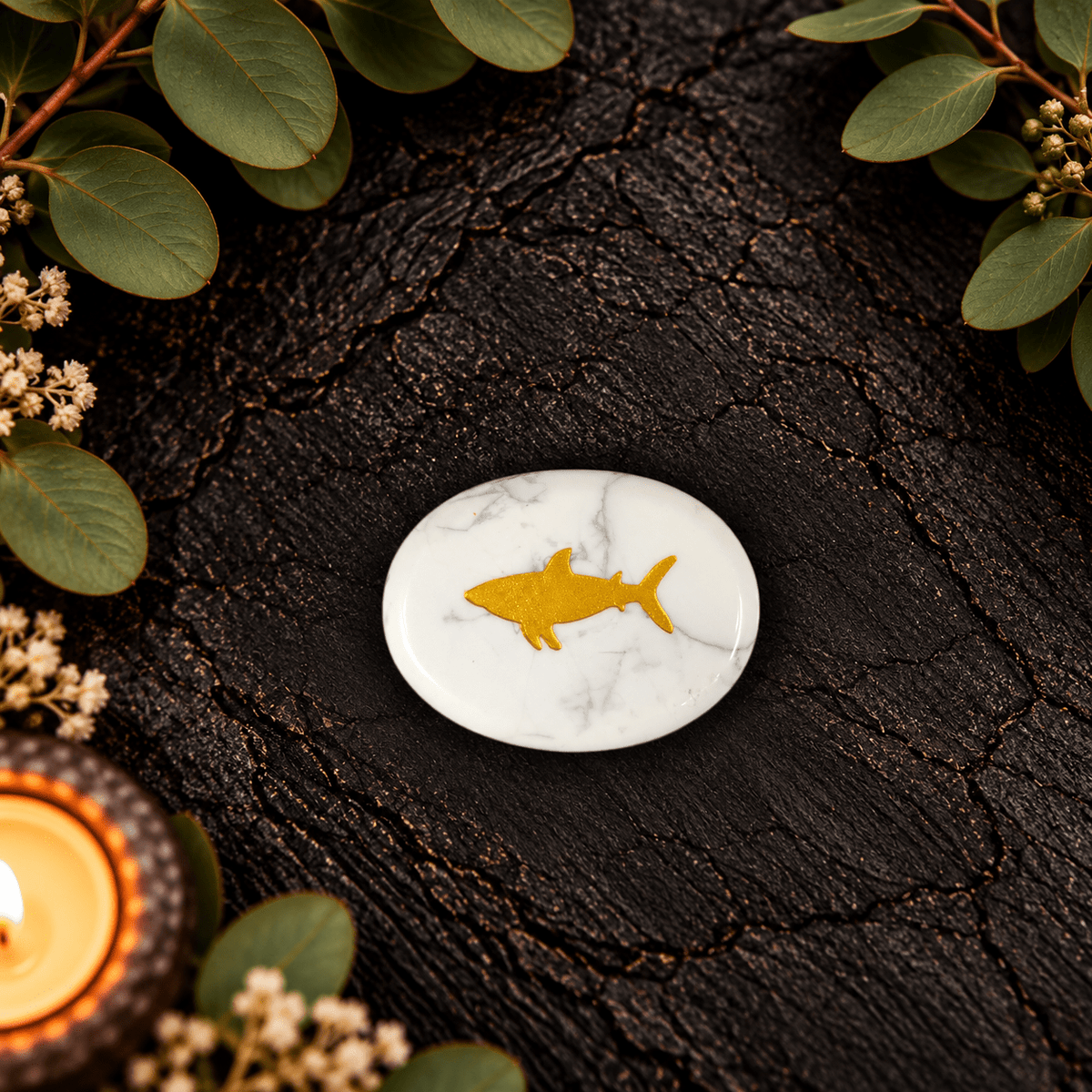 Gold Shark on White Howlite Palm