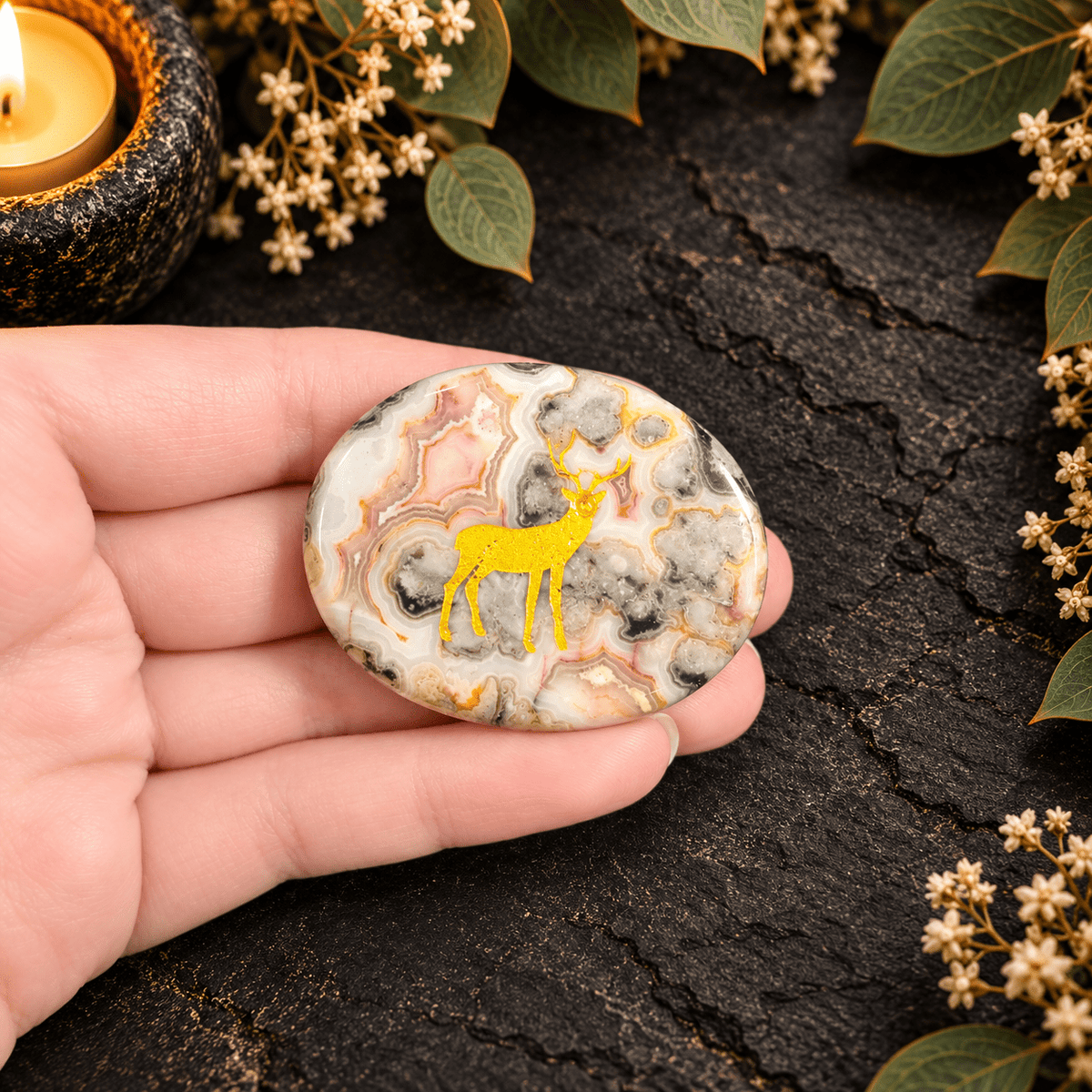 Gold Deer on Crazy Lace Agate Palm