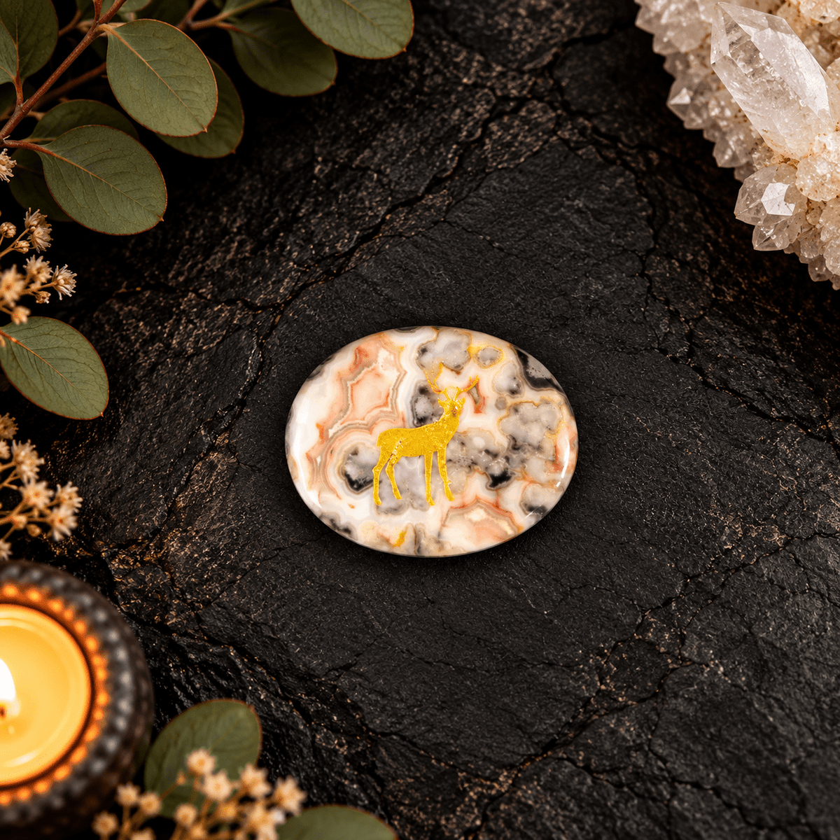 Gold Deer on Crazy Lace Agate Palm