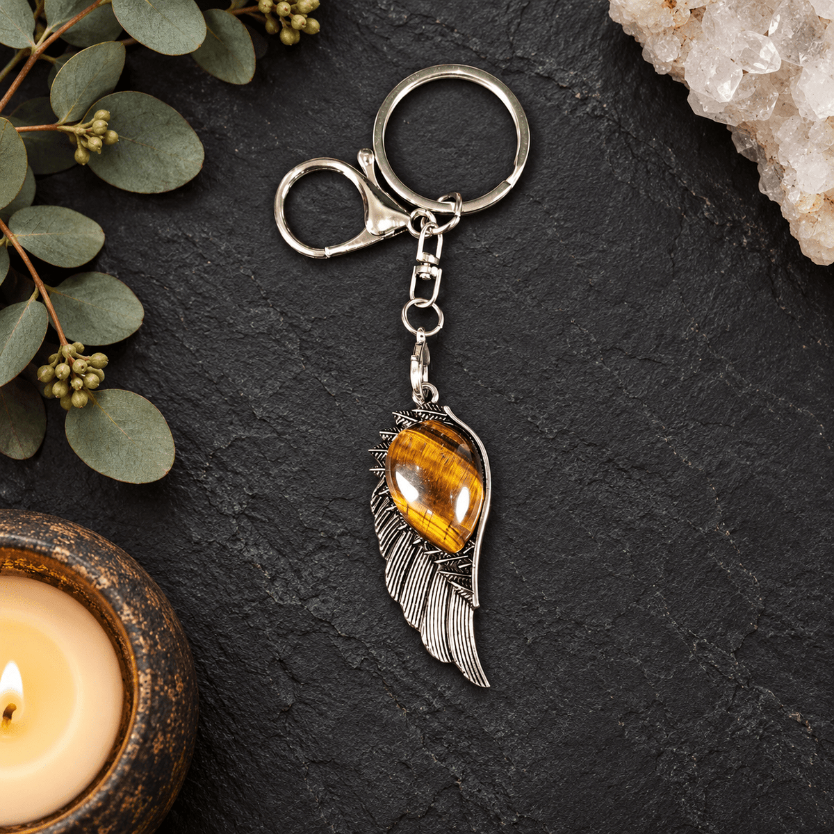Tiger Eye Angel Wing Gemstone Keyring