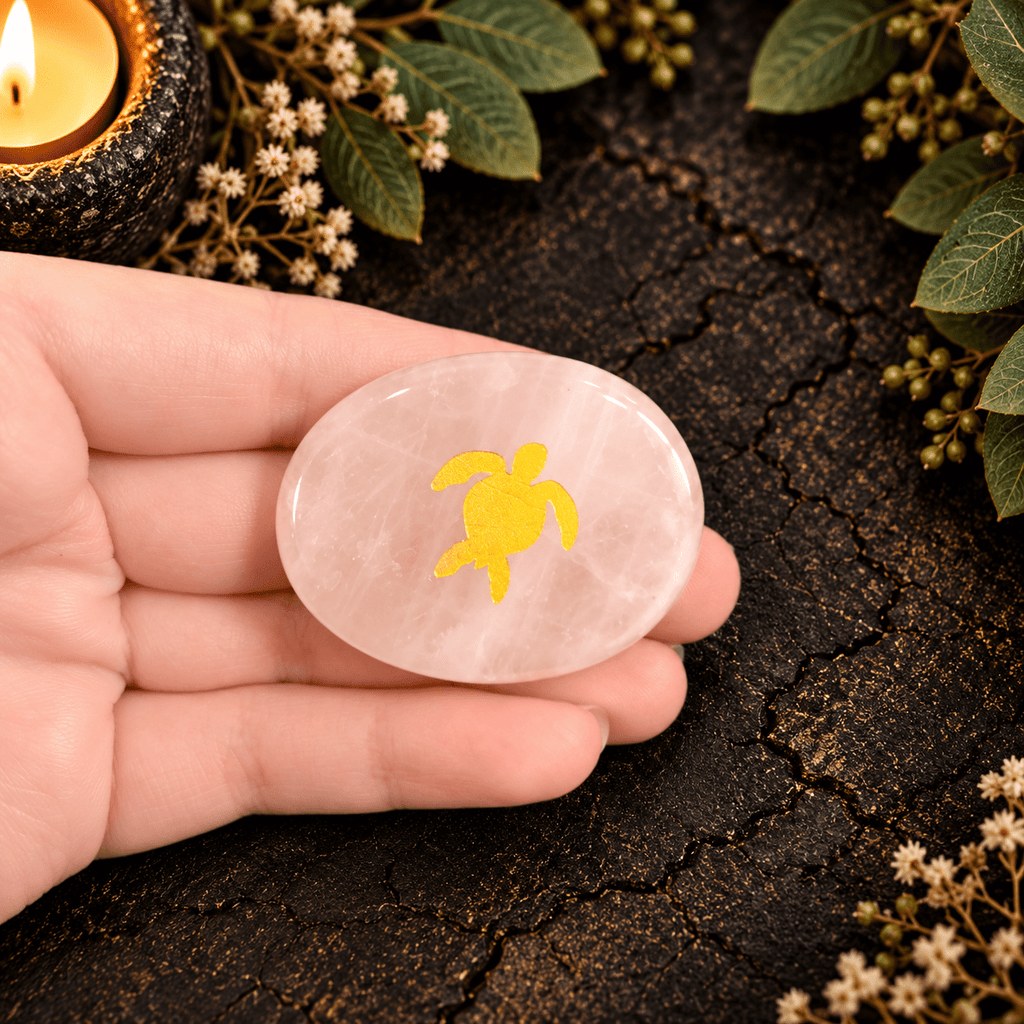 Gold Turtle on Rose Quartz Palm