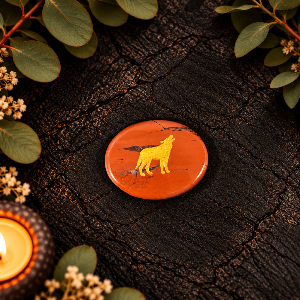 Gold Wolf on Red Jasper Palm