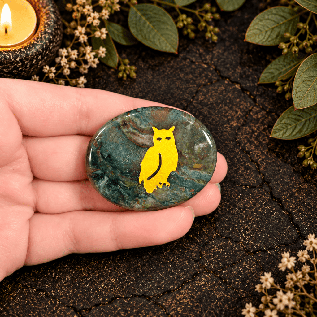 Gold Owl on Ocean Jasper Palm
