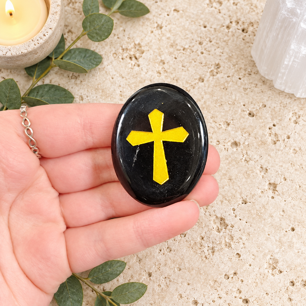Gold Cross on Black Obsidian Palm