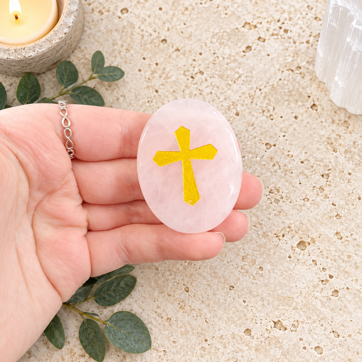 Gold Cross on Rose Quartz Palm