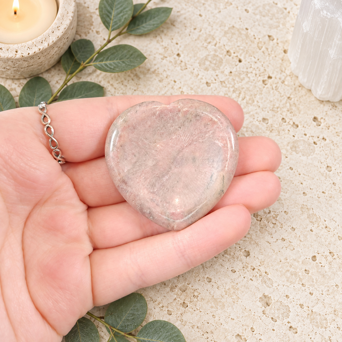 Pink Rhodonite Heart Shape Worry Stone (Thumb Stone)