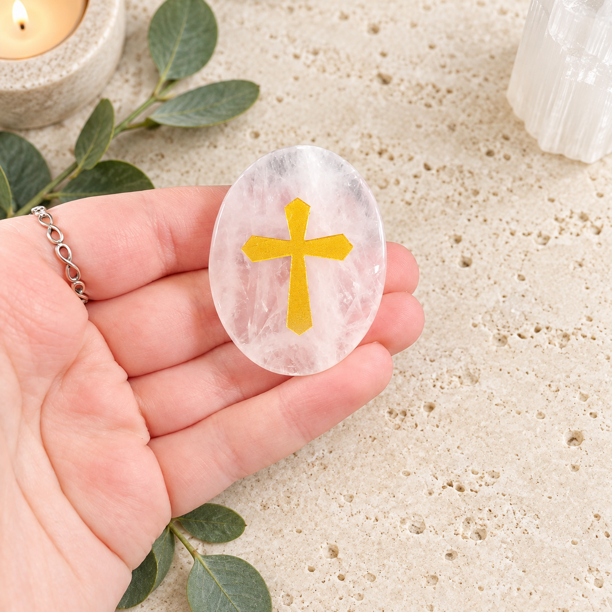 Gold Cross on Clear Quartz Palm