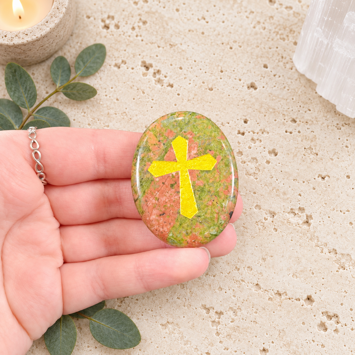 Gold Cross on Unakite Palm