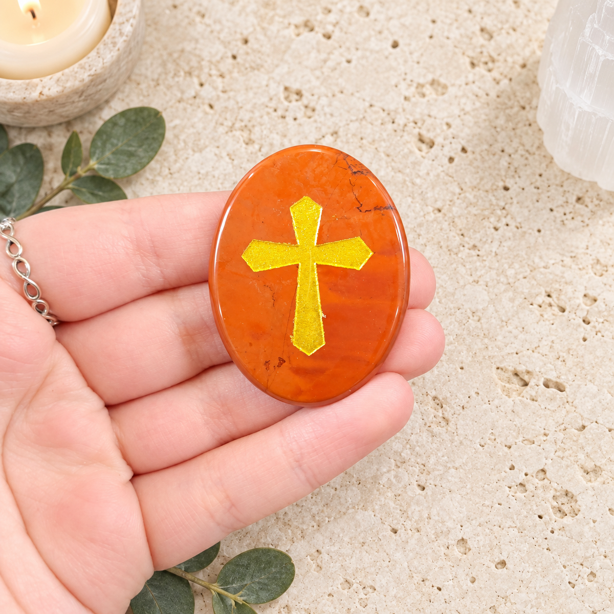 Gold Cross on Red Jasper Palm