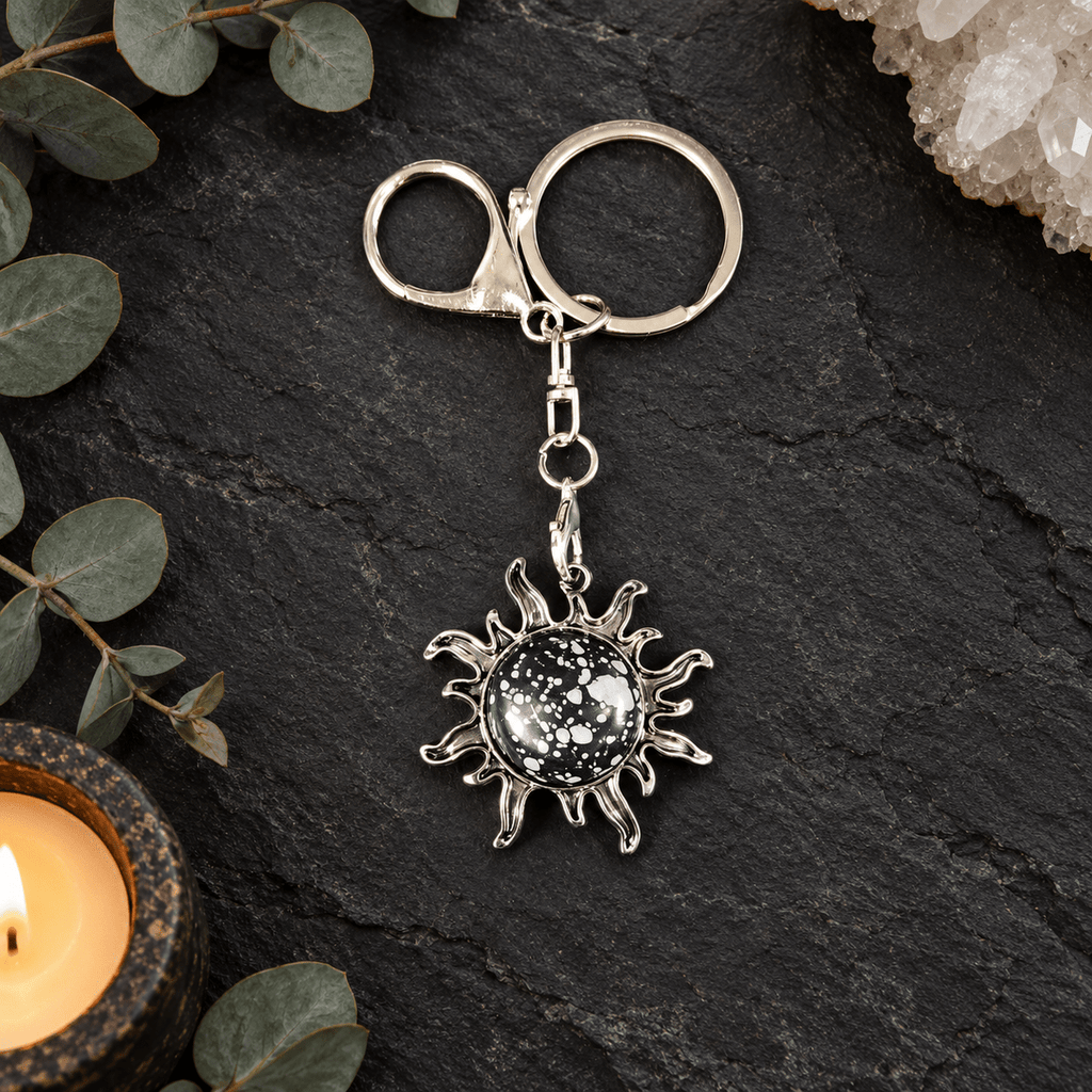 Snowflake Obsidian Sun Gemstone Keyring