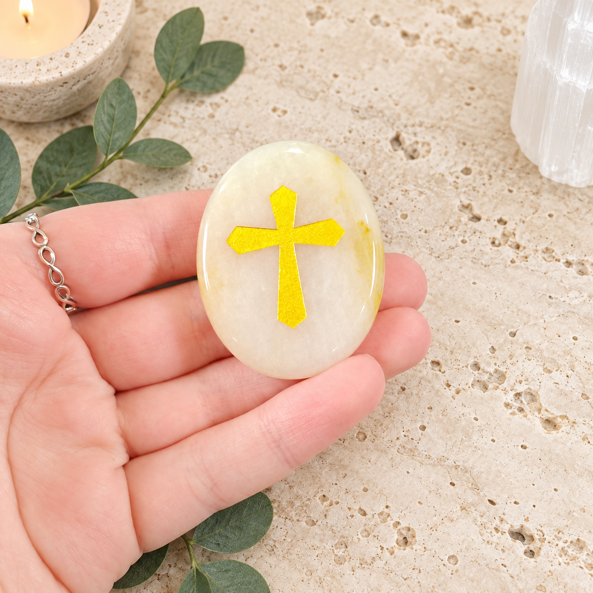 Gold Cross on Yellow Aventurine Palm