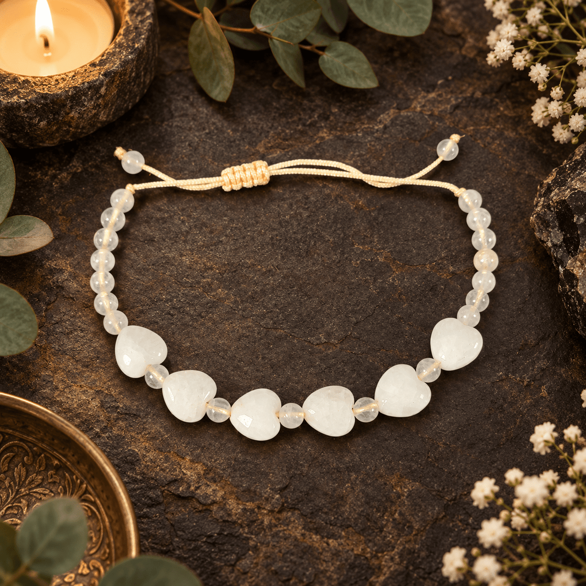 Adjustable Snow Quartz Hearts Bracelet
