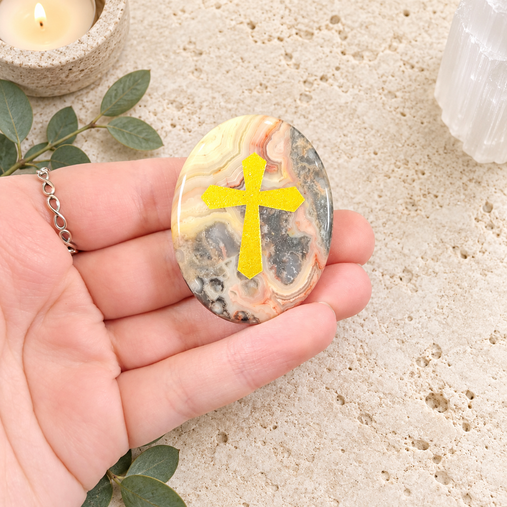 Gold Cross on Crazy Lace Agate Palm