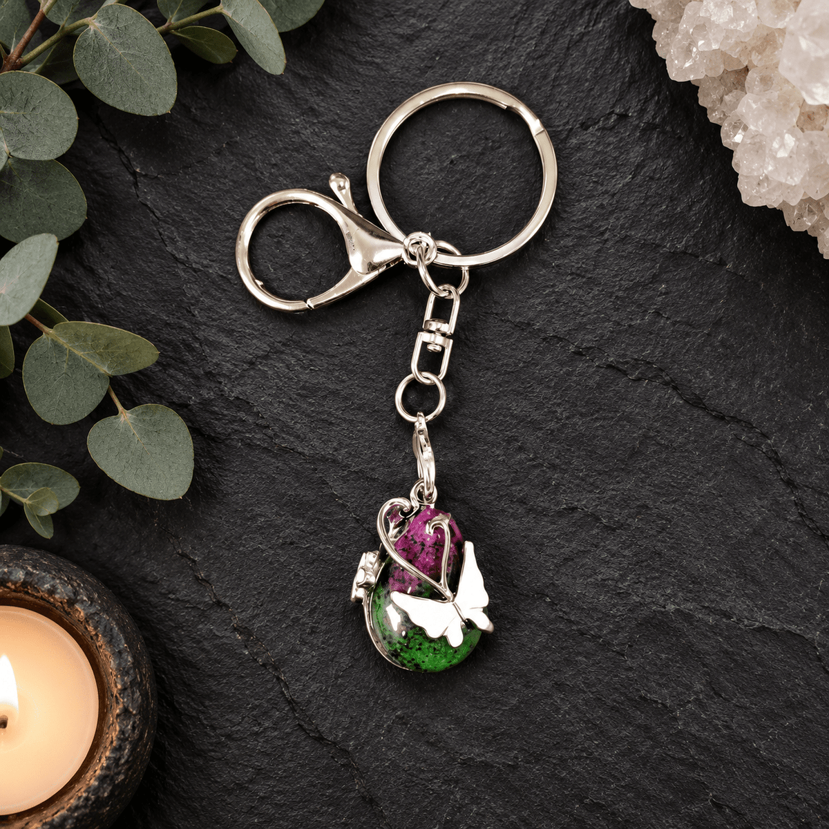 Ruby Zoisite Butterfly Teardrop Gemstone Keyring