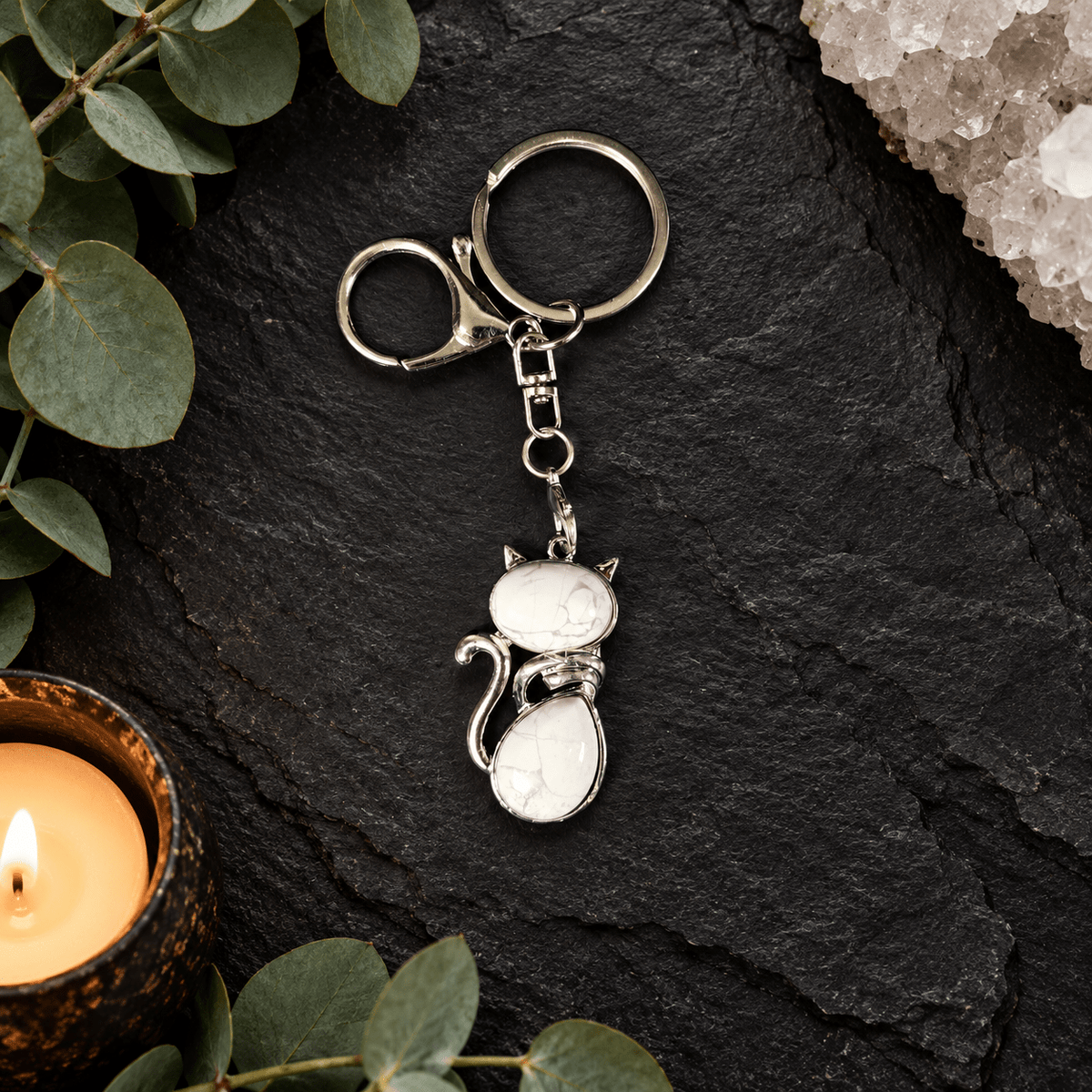 White Howlite Cat Gemstone Keyring