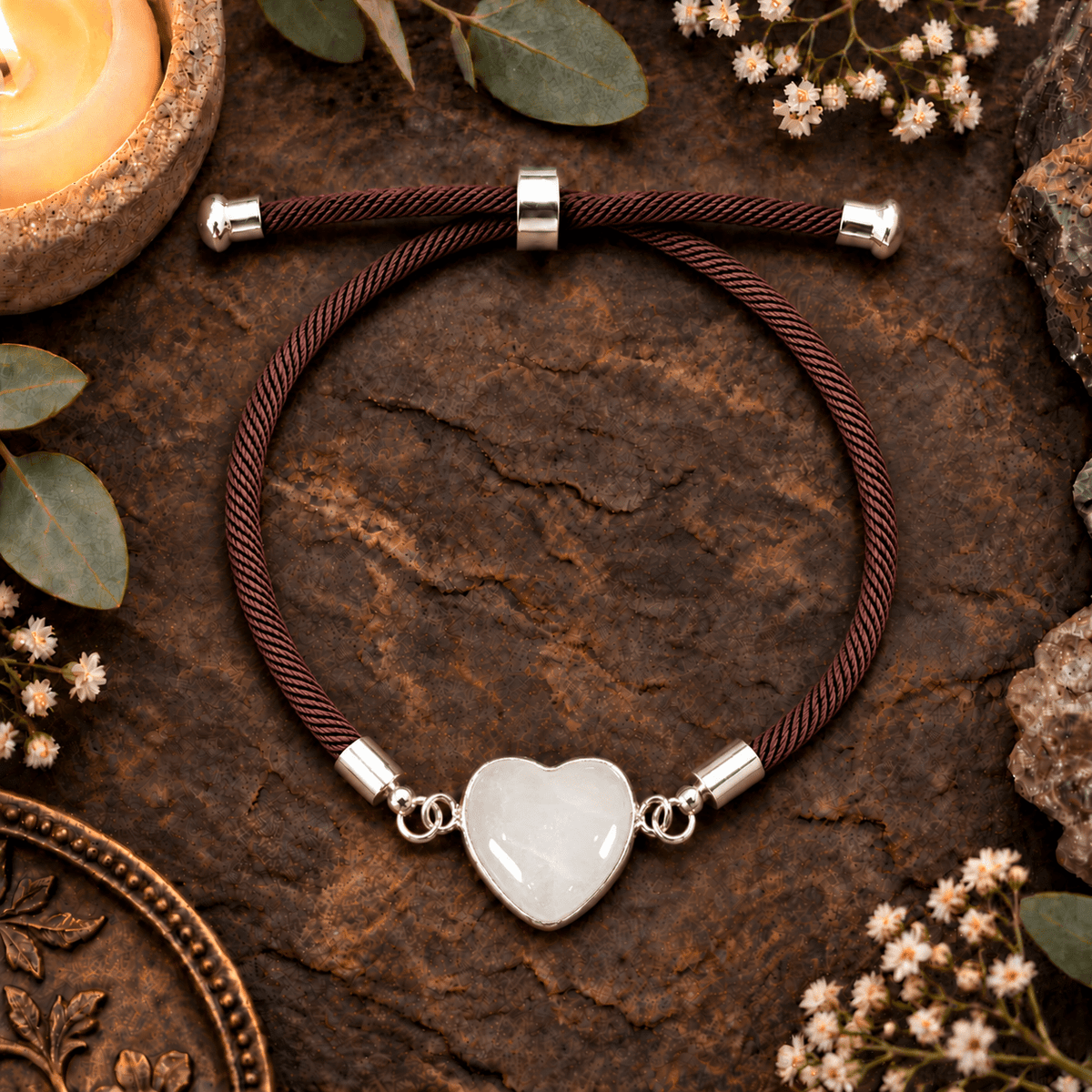 Adjustable Rose Quartz Heart Bracelet / Silver