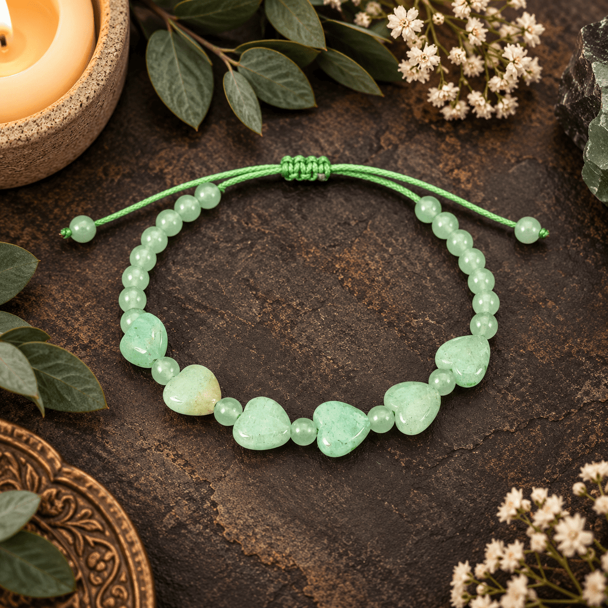 Adjustable Aventurine Hearts Bracelet