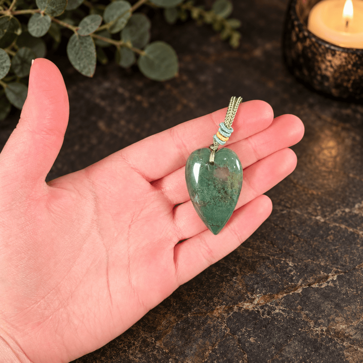 Moss Agate 60cm Adjustable Heart Necklace