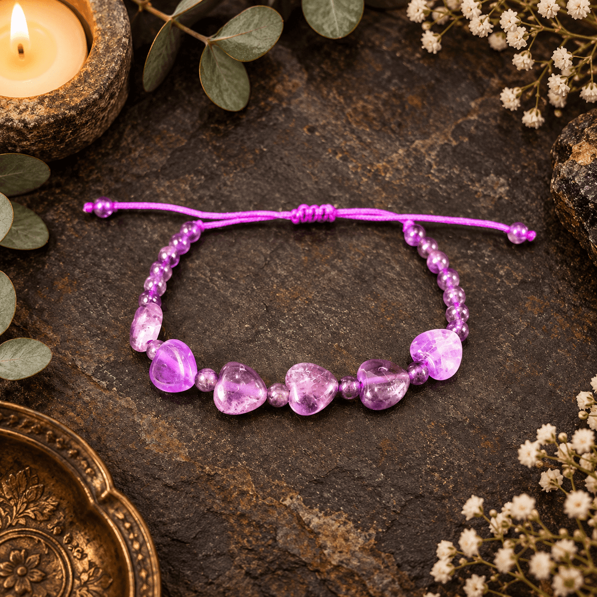 Adjustable Amethyst Hearts Bracelet