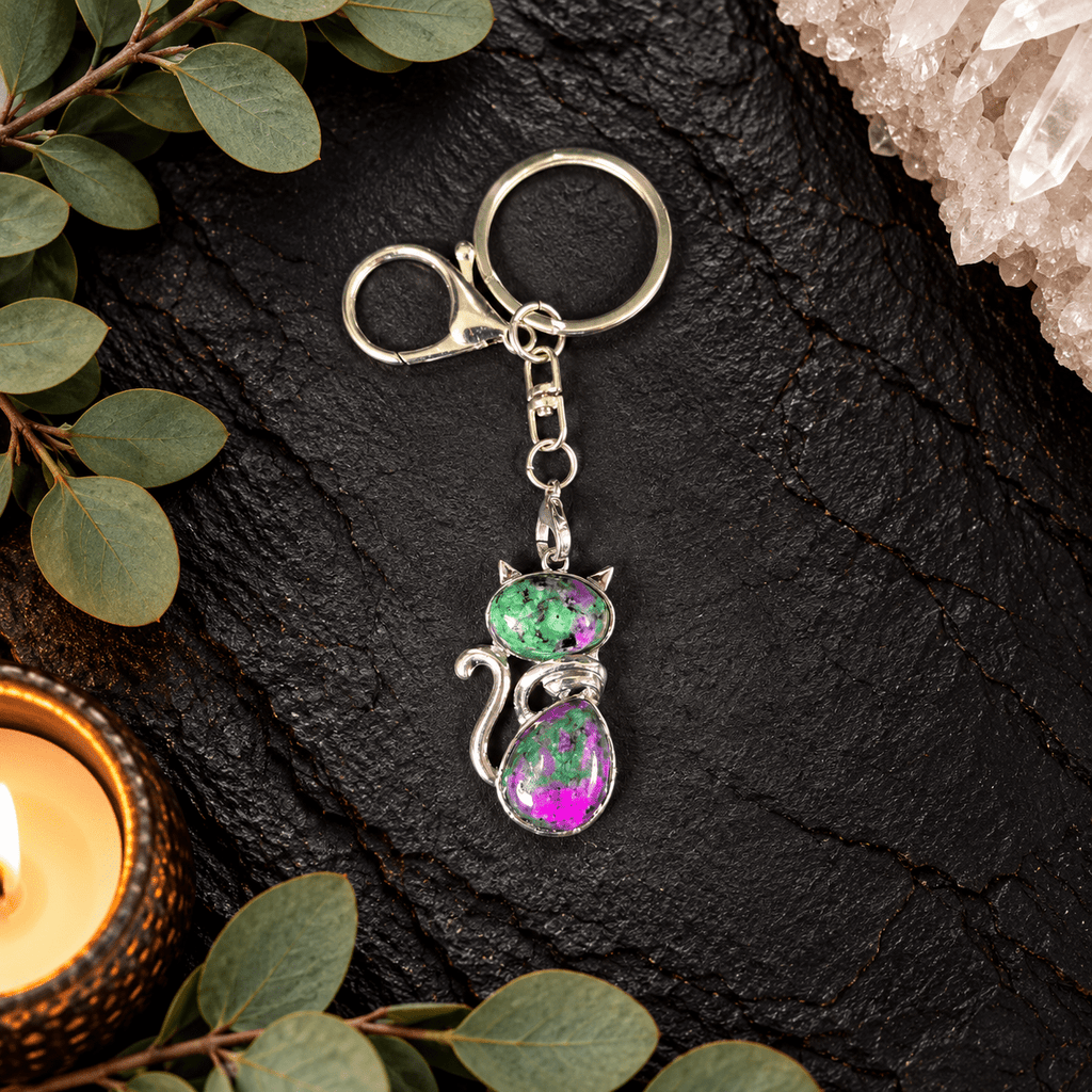 Ruby Zoisite Cat Gemstone Keyring (heat treated)