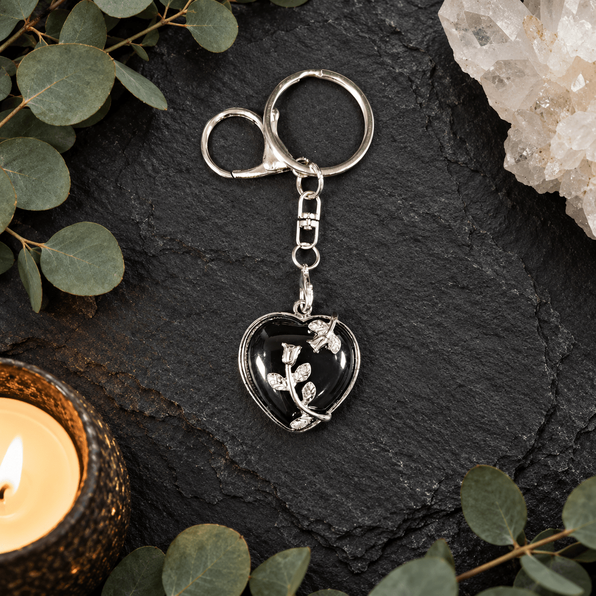 Black Obsidian Heart Gemstone Keyring