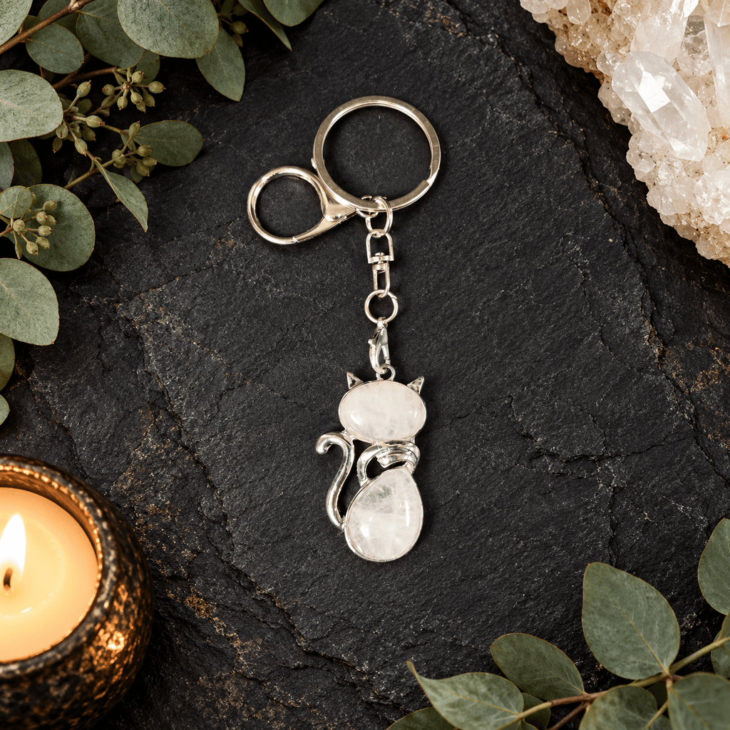 Clear Quartz Cat Gemstone Keyring