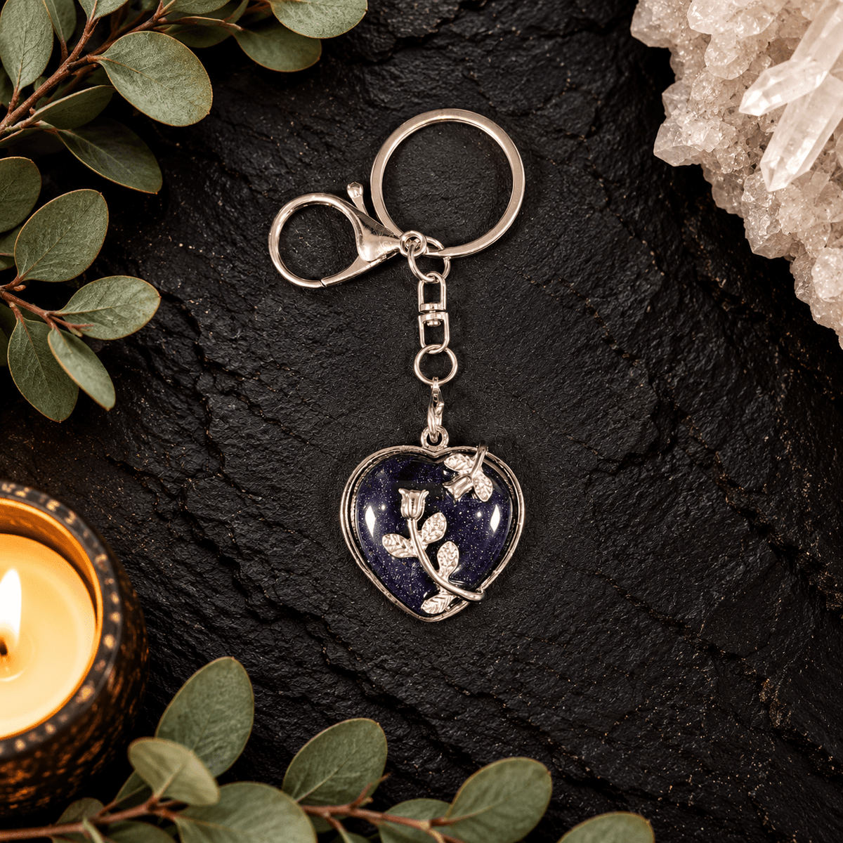 Blue Goldstone Heart Gemstone Keyring