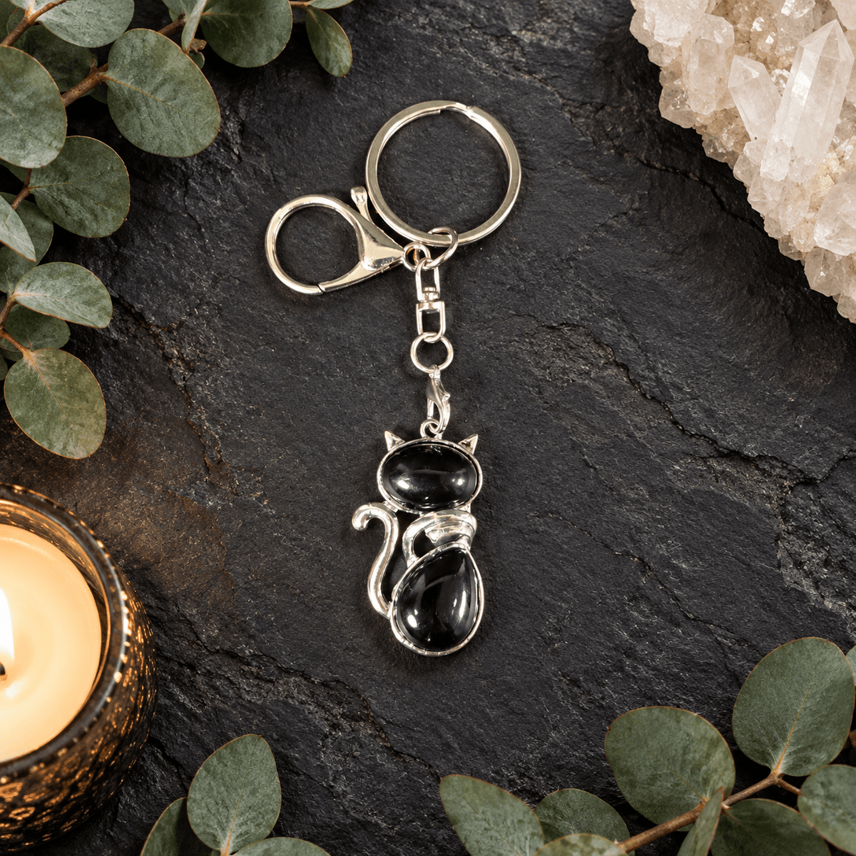 Black Obsidian Cat Gemstone Keyring