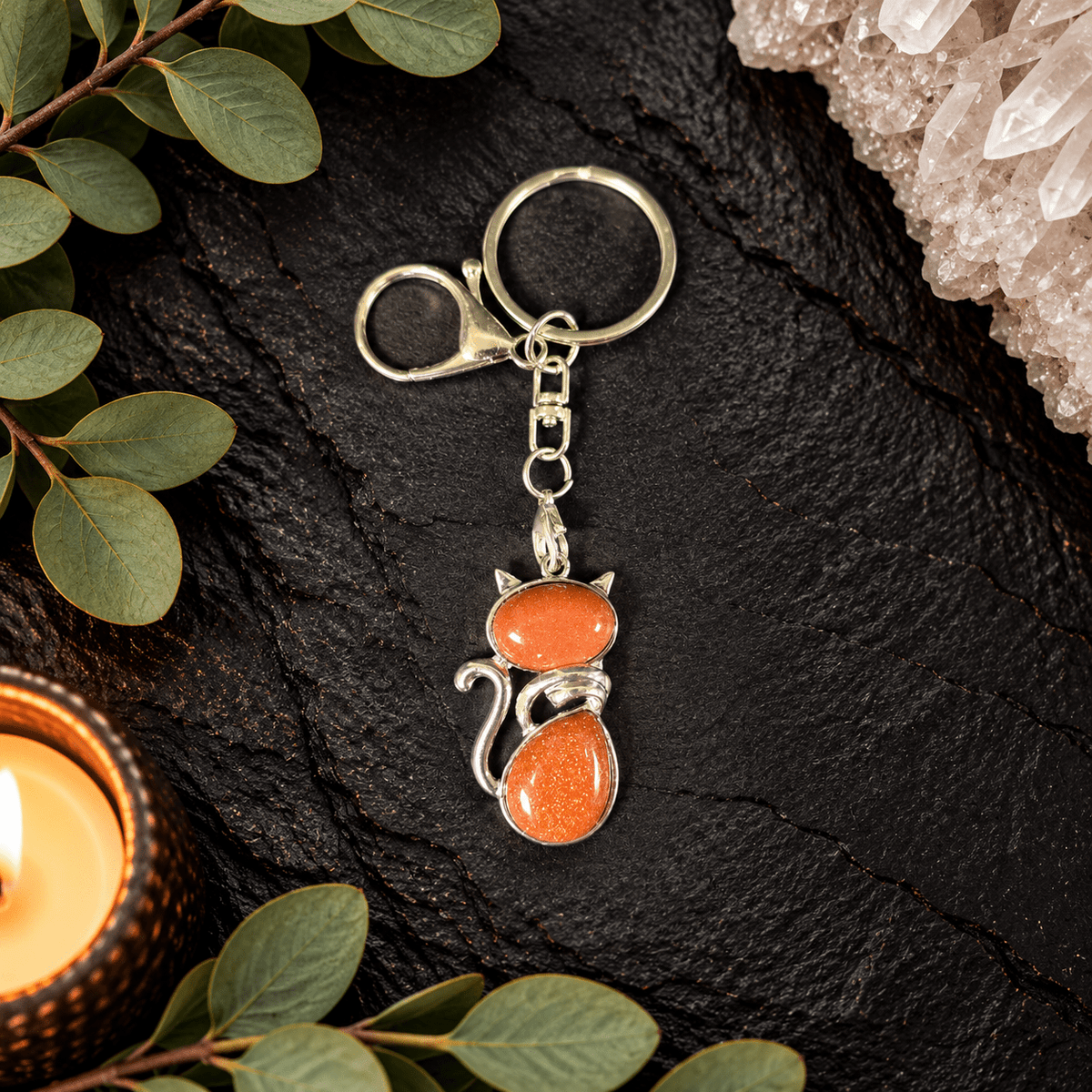 Goldstone Cat Gemstone Keyring