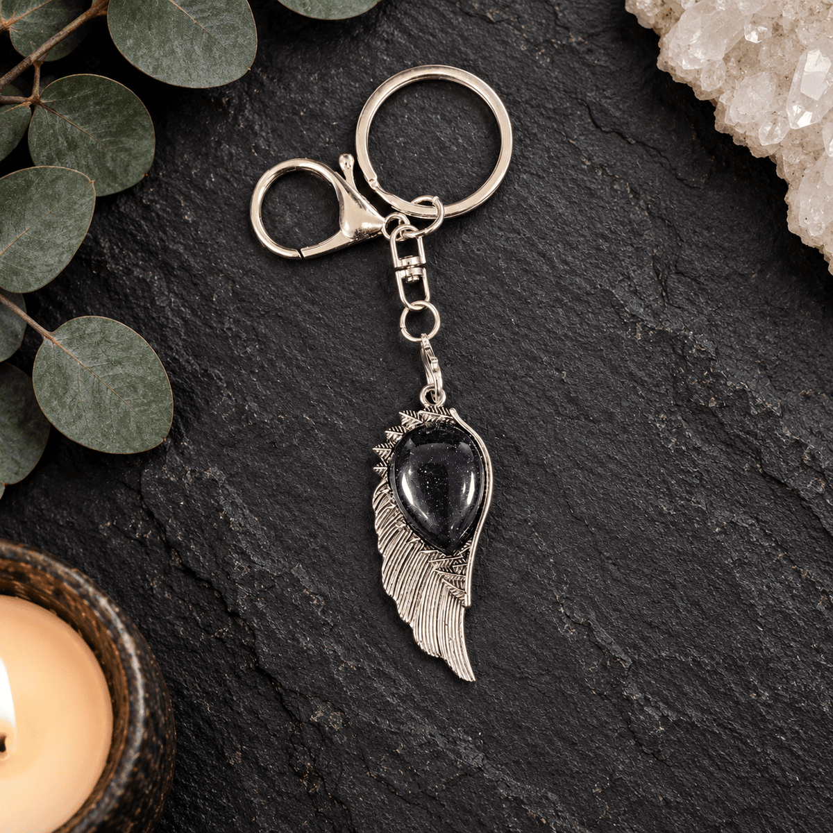 Blue Goldstone Angel Wing Gemstone Keyring