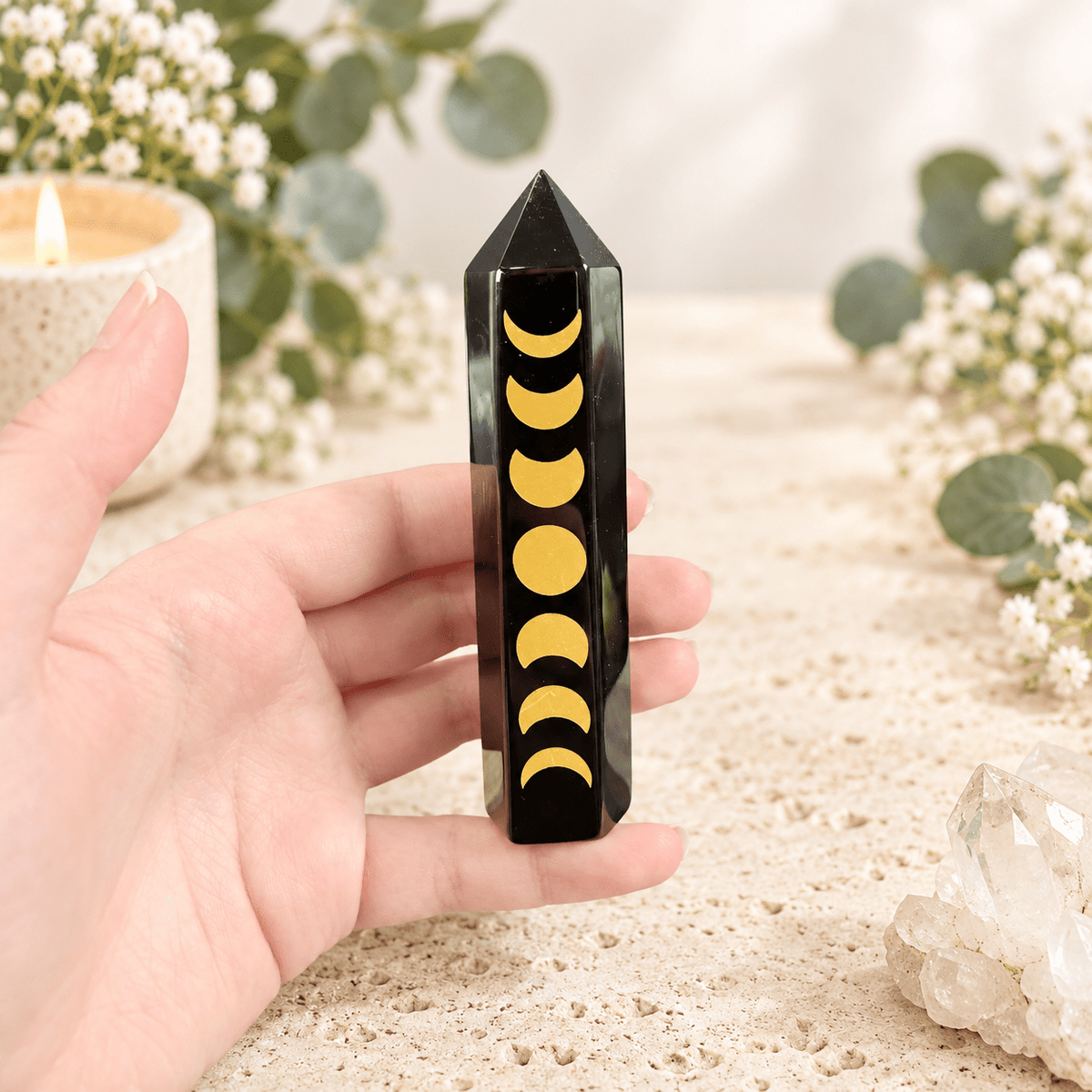 102g Gold Moon Phase Print on Black Obsidian Tower