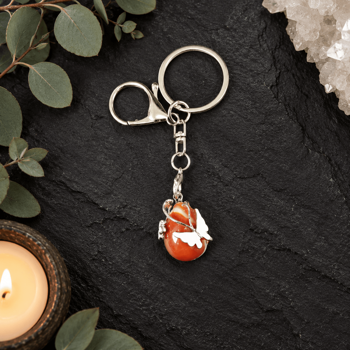 Carnelian Butterfly Teardrop Gemstone Keyring