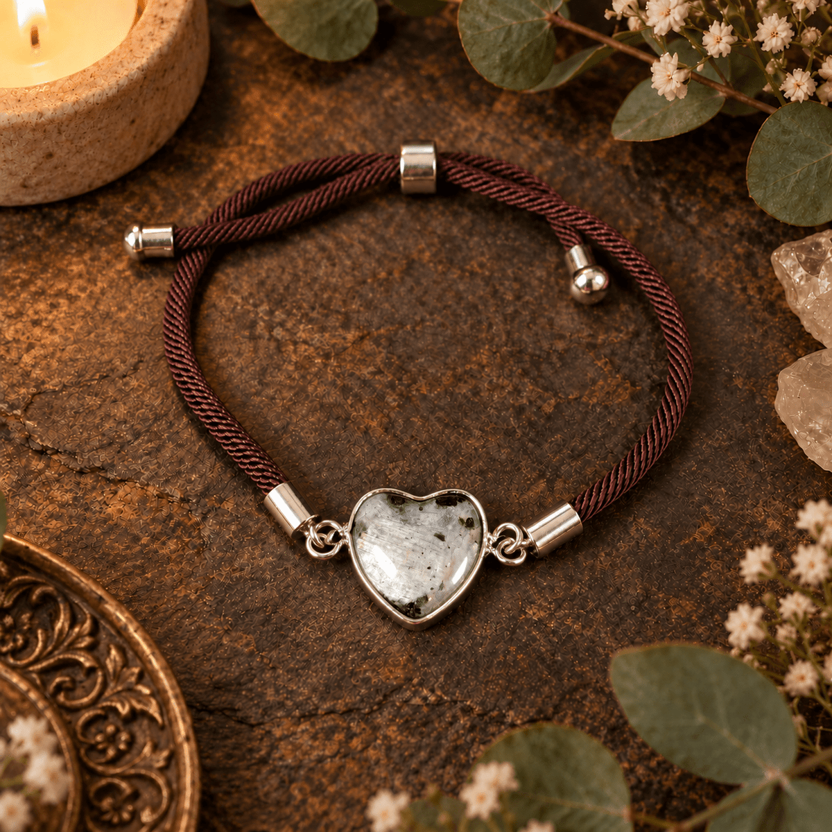 Adjustable Larvikite Heart Bracelet / Silver