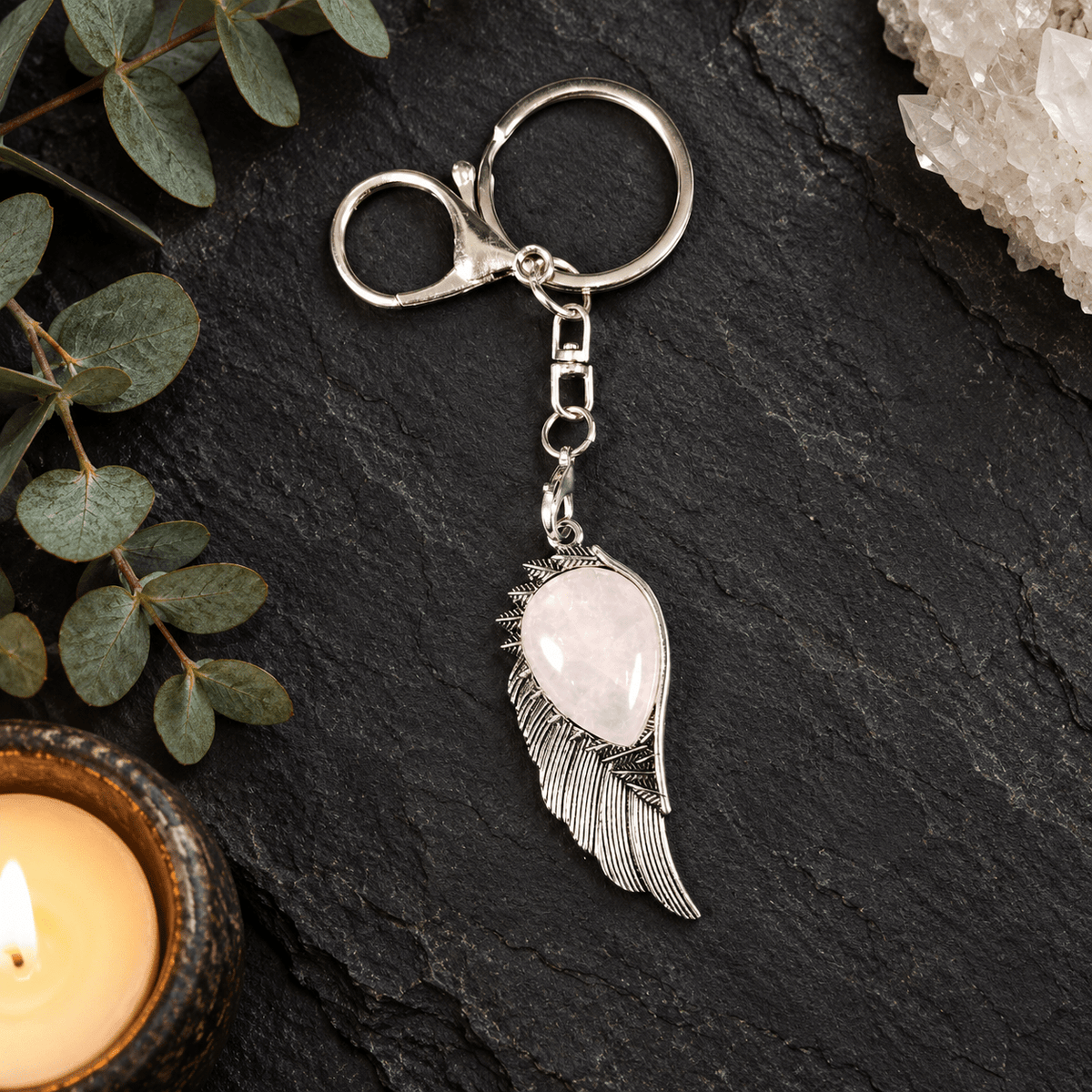 Rose Quartz Angel Wing Gemstone Keyring